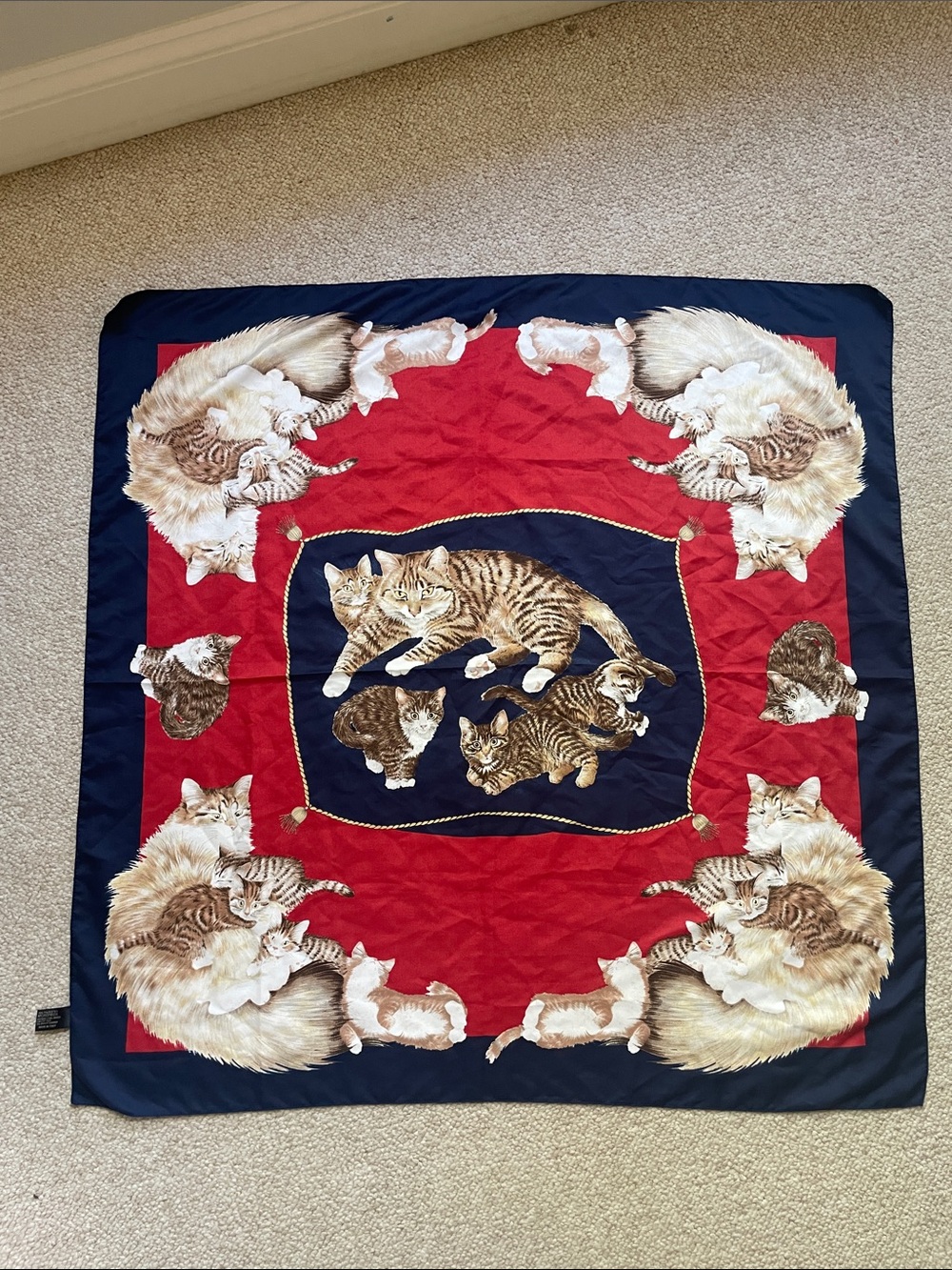 Cat Print 34 Inch Square Scarf in Red and Navy